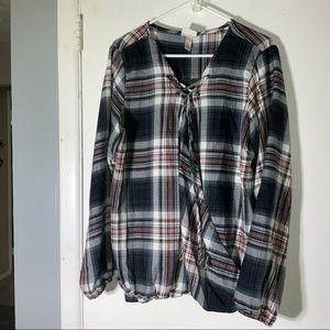Plaid Lace Up Front Crossover Long Sleeve Shirt SZ XXL Knox Rose